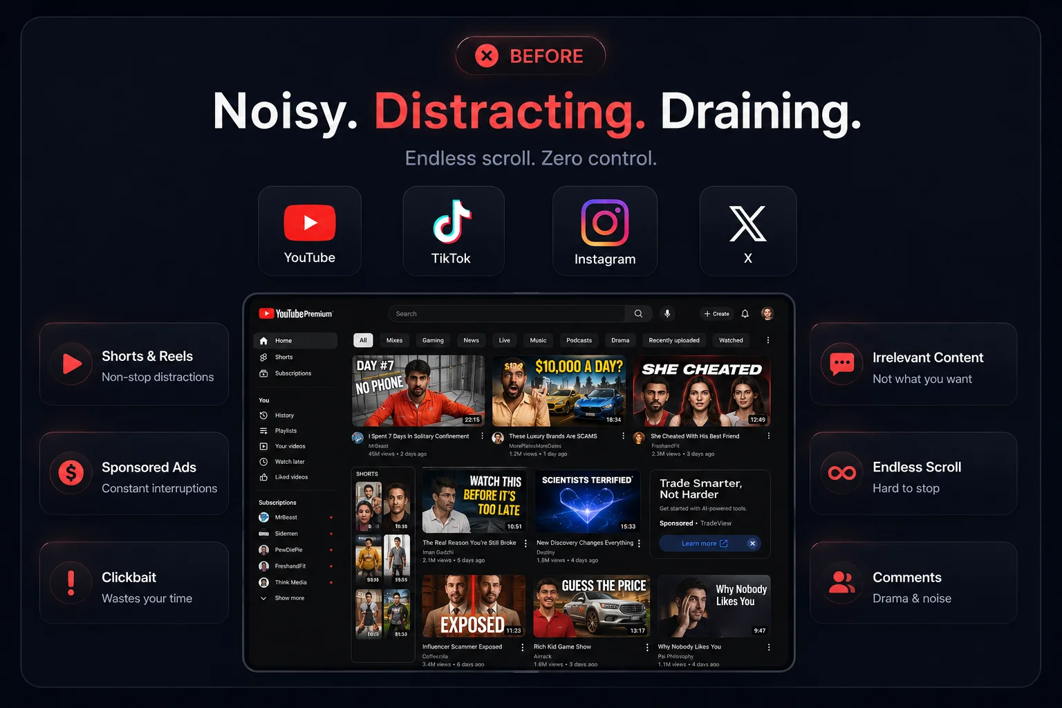 Before Algoright — a cluttered feed across YouTube, TikTok, Instagram and X: wall-to-wall Shorts and Reels, clickbait thumbnails, sponsored posts, and rage-bait comments.